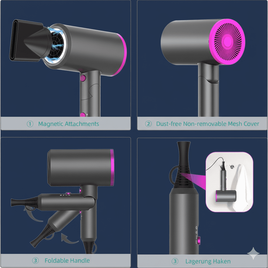 Koramzi 2000W Professional Ionic Hairdryer for Hair Care, Powerful Hot/Cool Wind Blow Dryer, 3 Magnetic Attachments, Pink/Silver