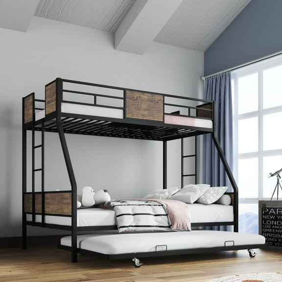 LUMAMIN Twin Over Full Trundle Bunk Bed, Metal Bunk Bed Frame with Twin Size Trundle, Safety Guardrails and 2 Ladders, No Box Spring Needed, Brown Black