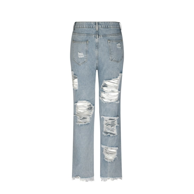 RYRJJ Women's Skinny Destroyed Raw Hem Jeans High Waist Ripped Hole  Boyfriend Stretchy Denim Pants(Light Blue,XL)