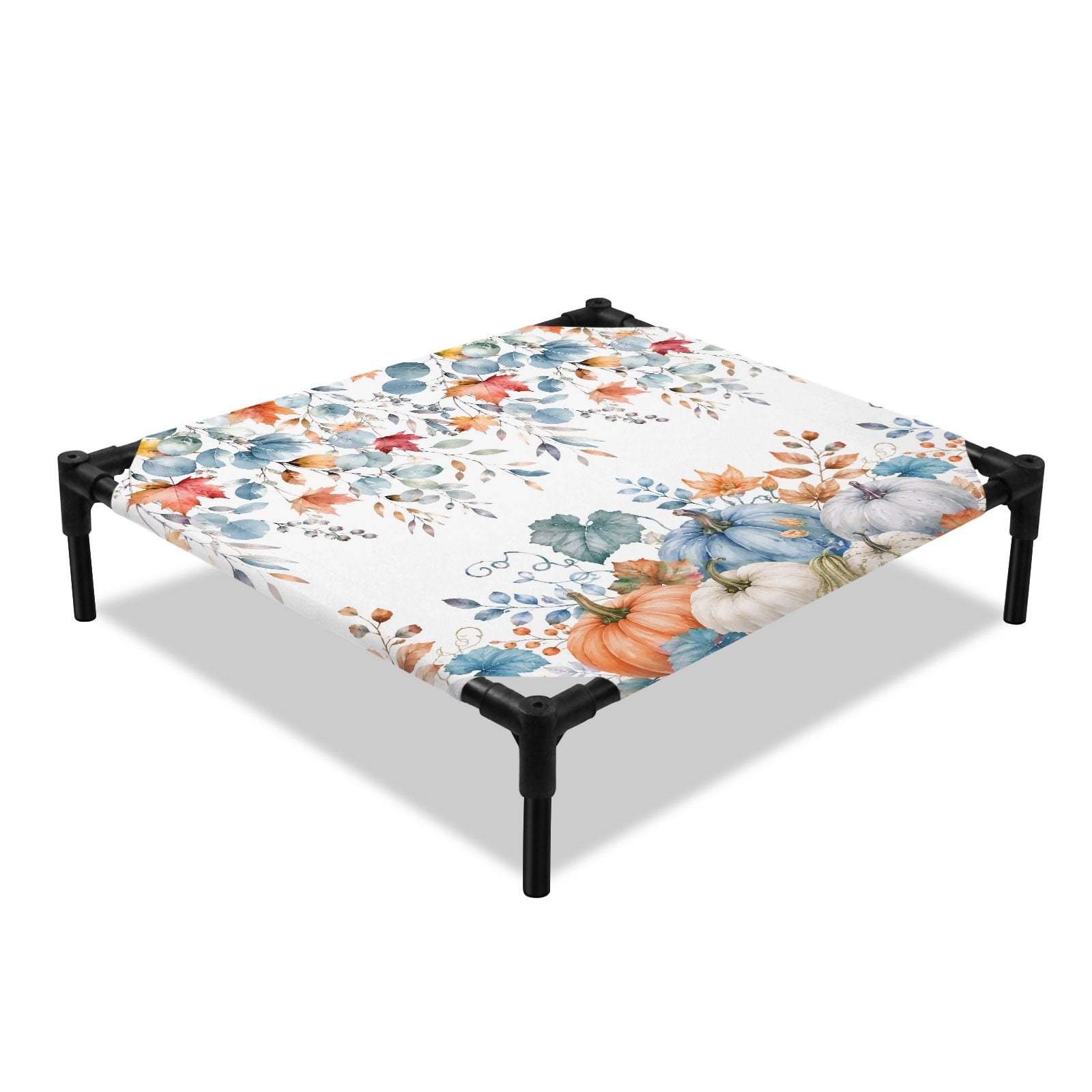 Thanksgiving Fall Elevated Dog Bed Rustic White Orange Blue Pumpkin Eucalyptus Cooling Breathable Outdoor Raised Dog Cot Bed with Metal Frame Non-Slip Feet for Small Dog 20x20in