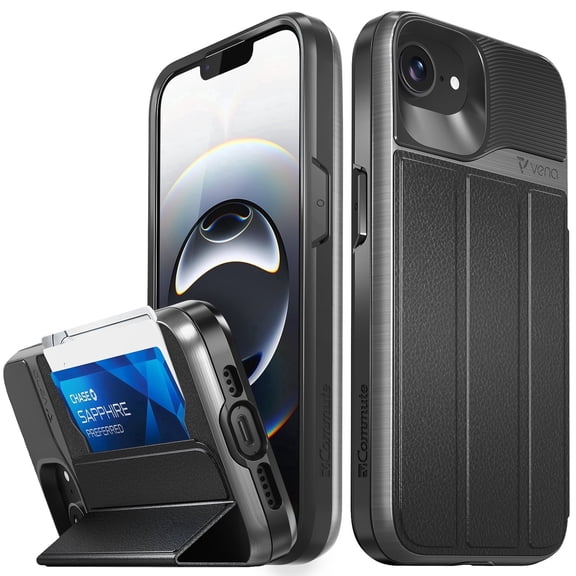 Vena vCommute For Apple iPhone 16e / iPhone 17e Case Wallet, Case with Stand Leather Card Holder [Military Grade Drop Protection], Gray