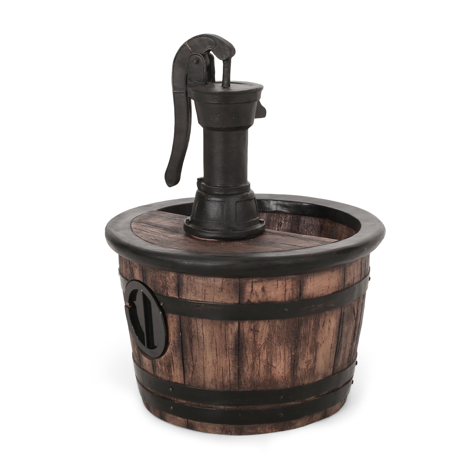Hand Crafted Outdoor Floor Fountain with LED Lights Weather Resistant Barrel Design Waterfall Flow for Garden Patio Decor