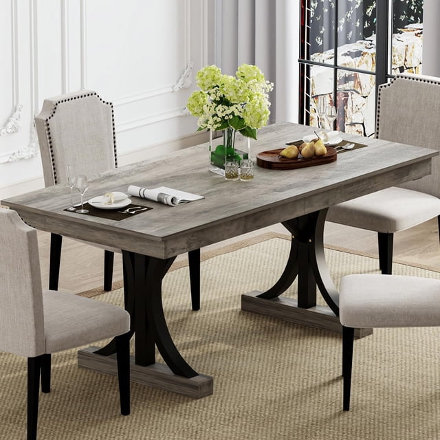 Ourlova Wood Dining Table for 6 to 8 with 2 Large Drawers 7087 Inch Long Farmhouse Rectangular Kitchen Dining Table and Thick Table Top Sturdy Frame for Big Family Dinette Rustic Gray
