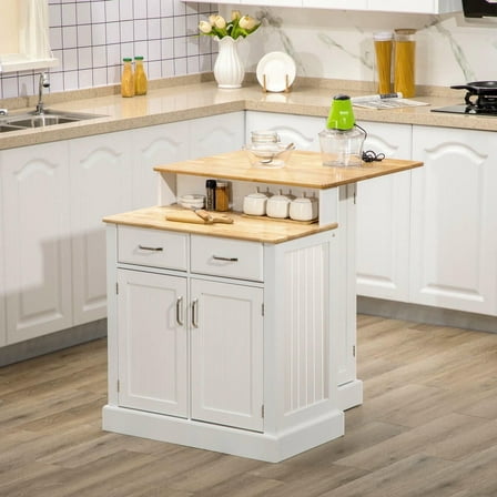 Resenkos Versatile Kitchen Island with a Two-Level Rubberwood Top, Provides Extra Prep Space, Drawers, and Adjustable Shelves for Organized Storage, White