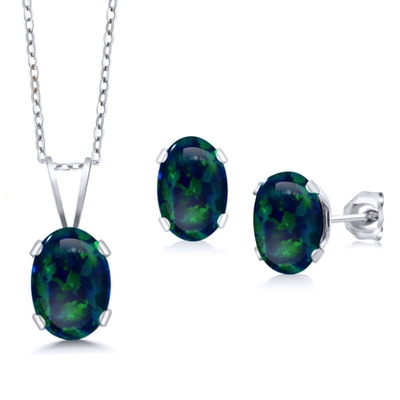 Gem Stone King 925 Sterling Silver Simulated Green Opal Pendant Earrings Jewelry Set for Women | 1.63 Cttw | Gemstone October Birthstone | Oval Cabochon 7X5MM | with 18 inch Chain