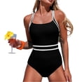 thumbnail image 3 of One Piece Swimsuit Women Tummy Control Modest Slim Color Block Bathing Suits High Cut Full Coverage Swimwear Black M, 3 of 7