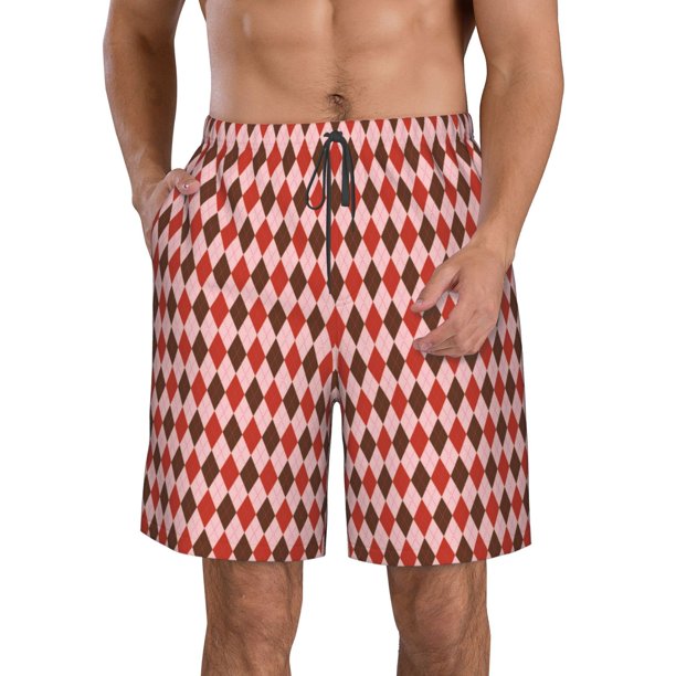 Fotbe Red and Brown Squares Trajes de Baño Estampados para Hombre, Shorts de Verano de Secado Rápido, Ropa de Playa, Bañadores-X-Large