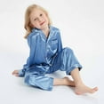 thumbnail image 2 of Boys' Clothing Sets Kids Satin Pajamas Button Down Sleep Shirt Long Pants Bottoms Sleepwear Light Blue Tops and Blouses Sizes 13-14 Years, 2 of 7