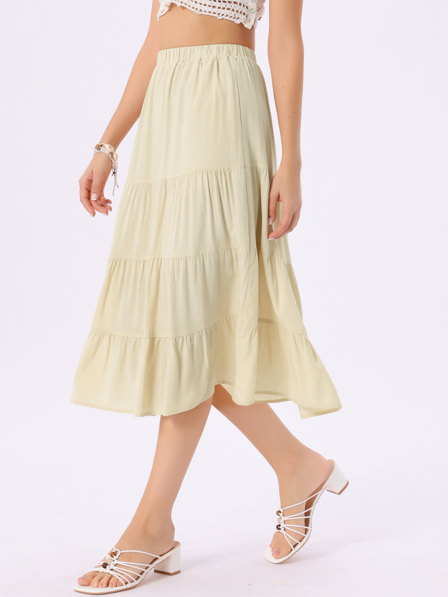 DARING DIVA Women's Flare Tiered Pleated Solid Elastic Waist A-Line Skirt S Apricot