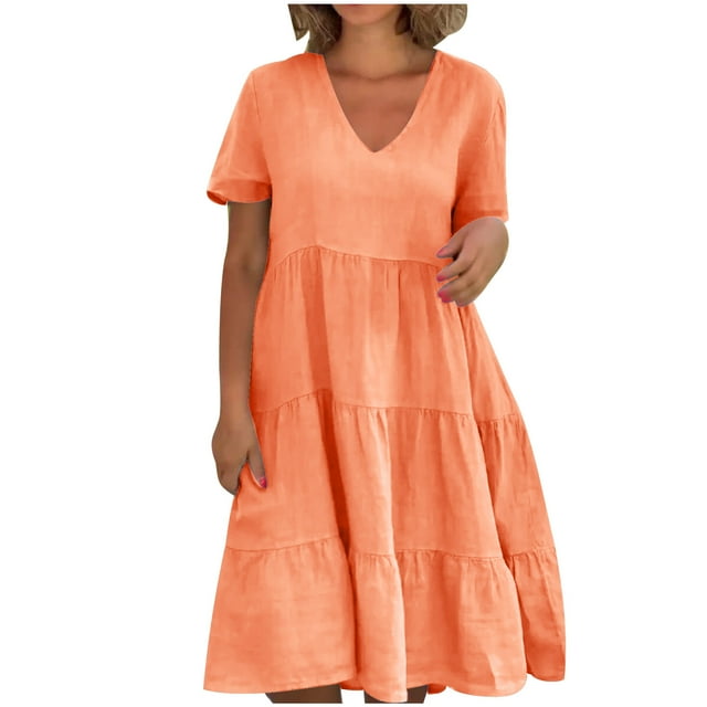 Yuyuzo Robe d'Été Femme Décontractée Manches Courtes Midi Col en V Smockée à Volants Ligne A Robe d'Été