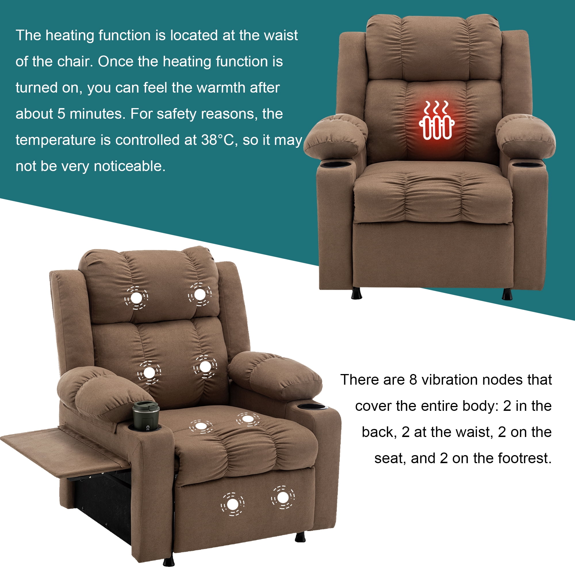 Andeworld 22" Recliner Chairs with Heat and Massage,Oversized Recliner Sofa chairs with Cup Holder, Side Pocket and Tray Taable for Living Rooms, Bedrooms, and Nurseries(Coffee)