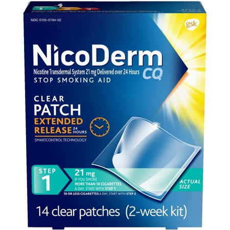 NicoDerm CQ Step 1 Nicotine Clear Patches 21mg Stop Smoking Aid, 14 Count..