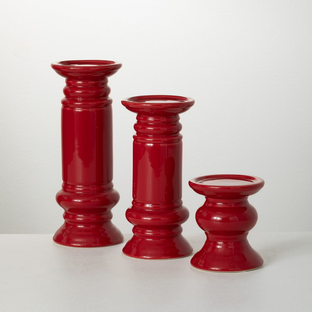 Sullivans Set of 3 Pillar Candle Holders 5"H, 9.25"H & 11"H Red