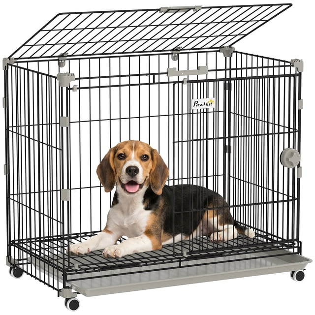 PawHut Cage pour Chien sur Roulettes, Cage pour Chien en Métal de 30 Pouces