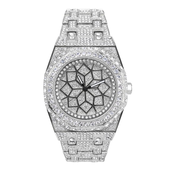 Men's 43mm Fully Iced Out Octagon Watch - Simulated Diamonds, Quartz Movement - Silver Dial