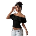 thumbnail image 4 of Women'S Off the Shoulder Blouse Ruffle Short Sleeve Smocked Going Out Crop Tops Black S, 4 of 10