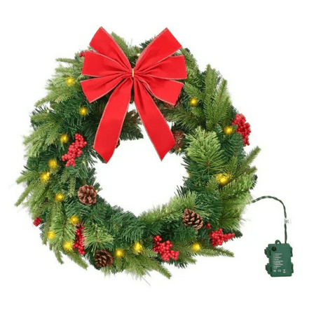 Christmas Wreath, 24 Inches Pre-Lit Artificial Christmas Wreath with 50 LED Lights and Timer, Decorated with Pine Cones, Red Berry Clusters, Holly Leaves, Suitable for Fireplace Door Window