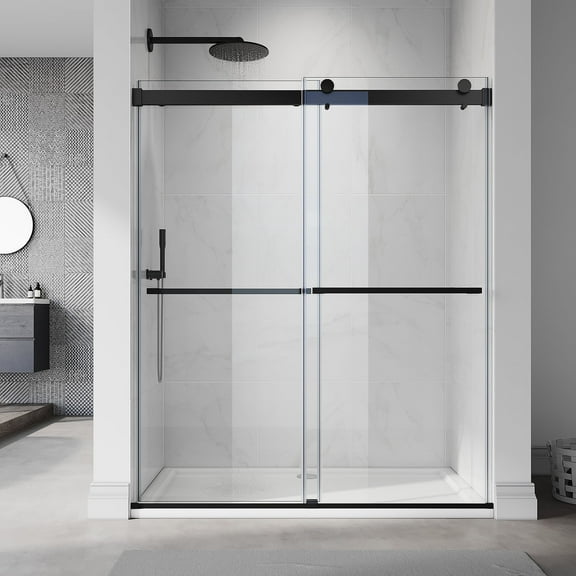 Sunny Shower Frameless Double Sliding Shower Door 60 in. W x 72 in. H in Black