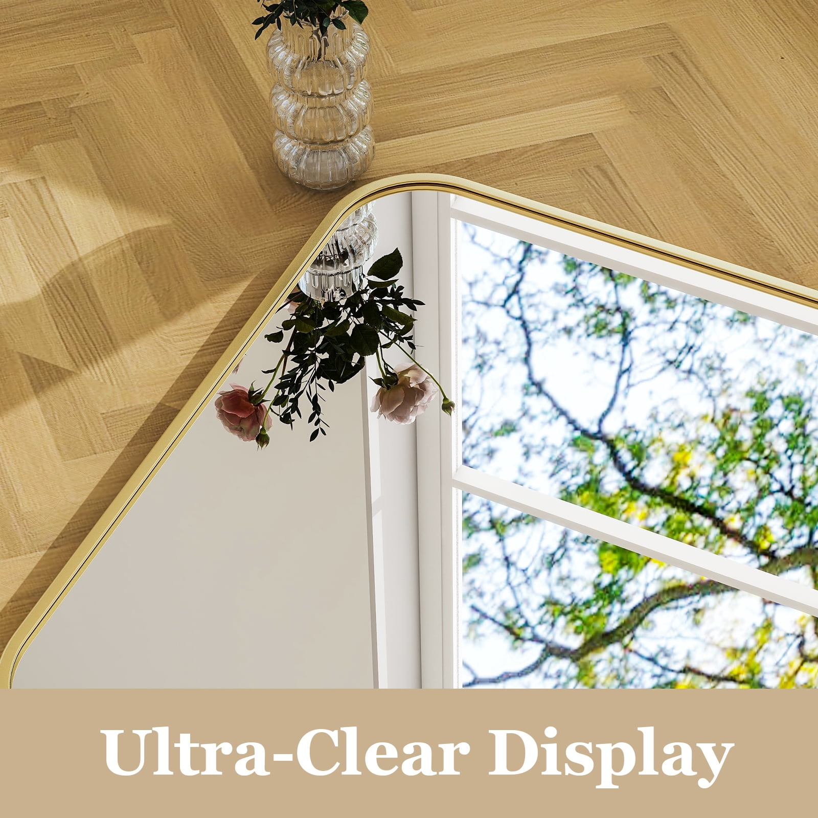 Easy4Home 48"x36" Large Rectangular Bathroom Mirror Hanging Rounded Corners Vanity Mirror Wall Mounted, Gold