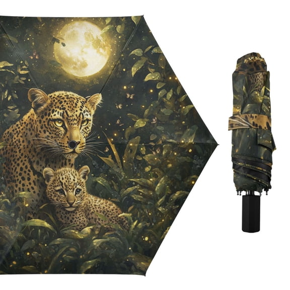 Leopards in Moonlight Jungle All Weather Umbrella Triple Folding Parasol 6 Ribs UV Protection Portable