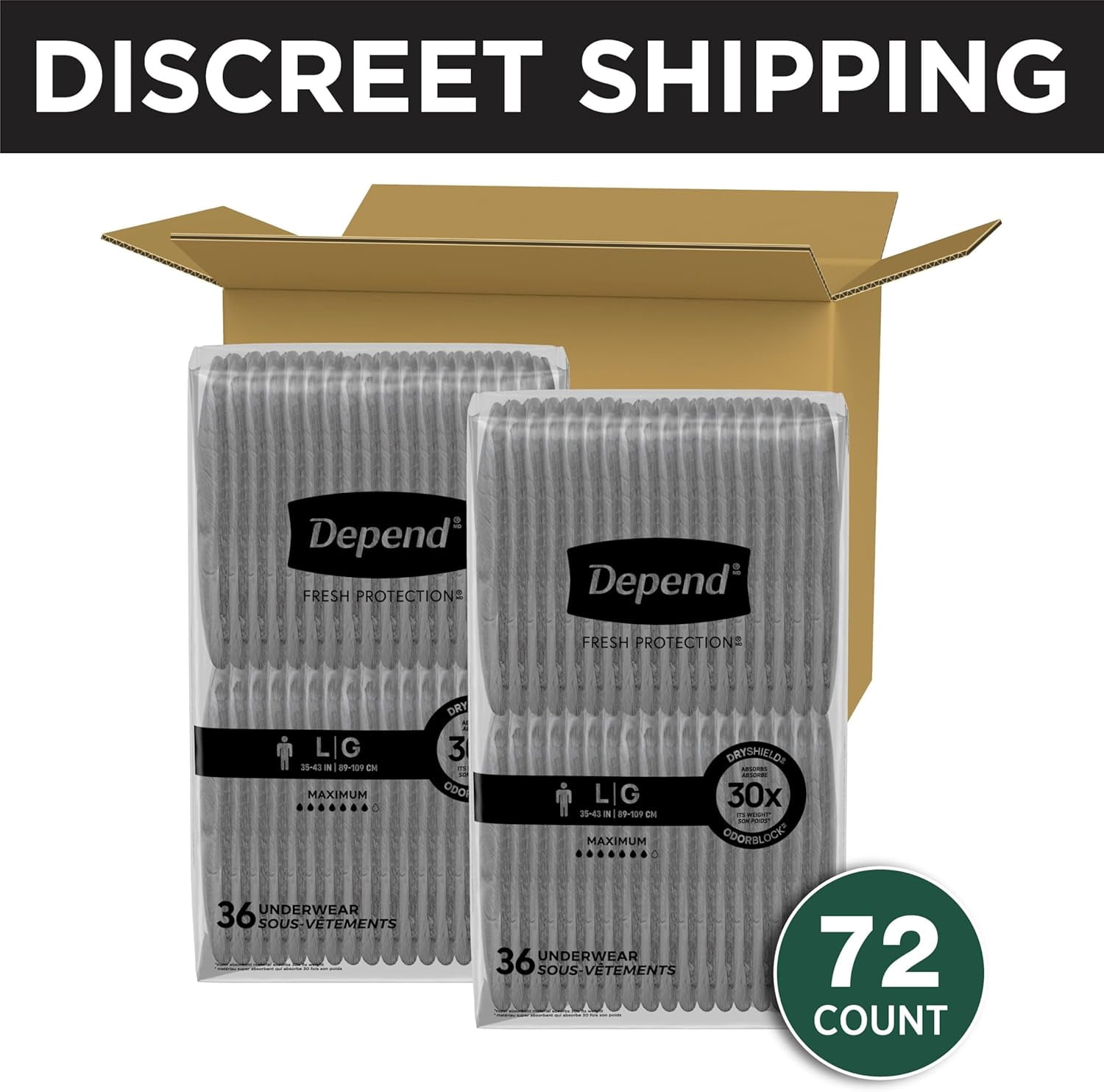 Depend Fresh Protection Adult Diapers, Incontinence Underwear for Men, Disposable, Maximum, Large, Grey, 72 Count (2 Packs of 36), Packaging May Vary