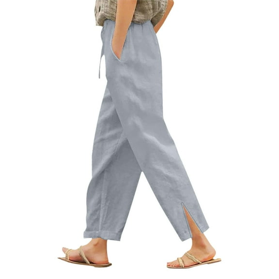 Ediodpoh Linen Casual Pants High Waisted Bohemian Wide Leg Cropped Pants for Women Summer Fashionable Comfortable Beach Trousers Light Gray M