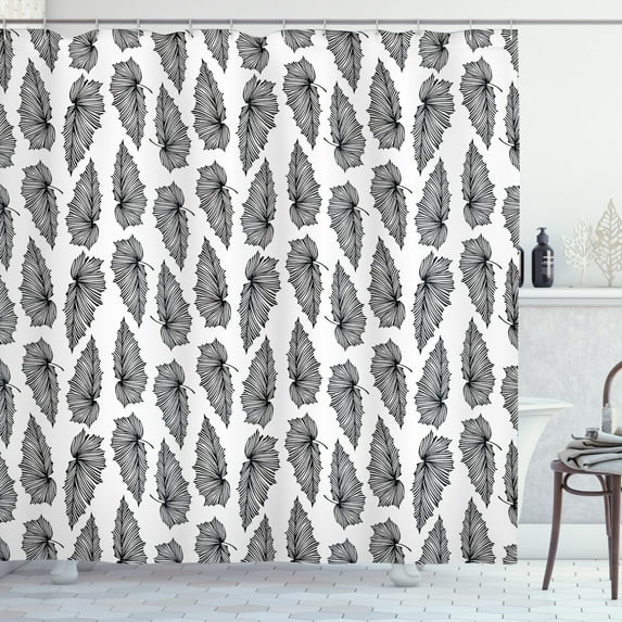 Jungle Shower Curtain, Natural Environment Theme Ecology Inspired Design with Exotic Forest Leaves, Fabric Bathroom Set with Hooks, 69W X 84L Inches Extra Long, Black and White, by Ambesonne