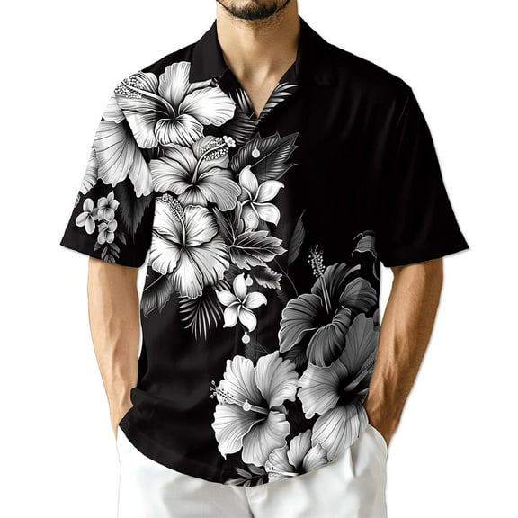 Netecom Black And White Hibiscus Hawaiian Shirt for Men, Tropical Style, Button Down Summer Beach Short Sleeve, S-5XL