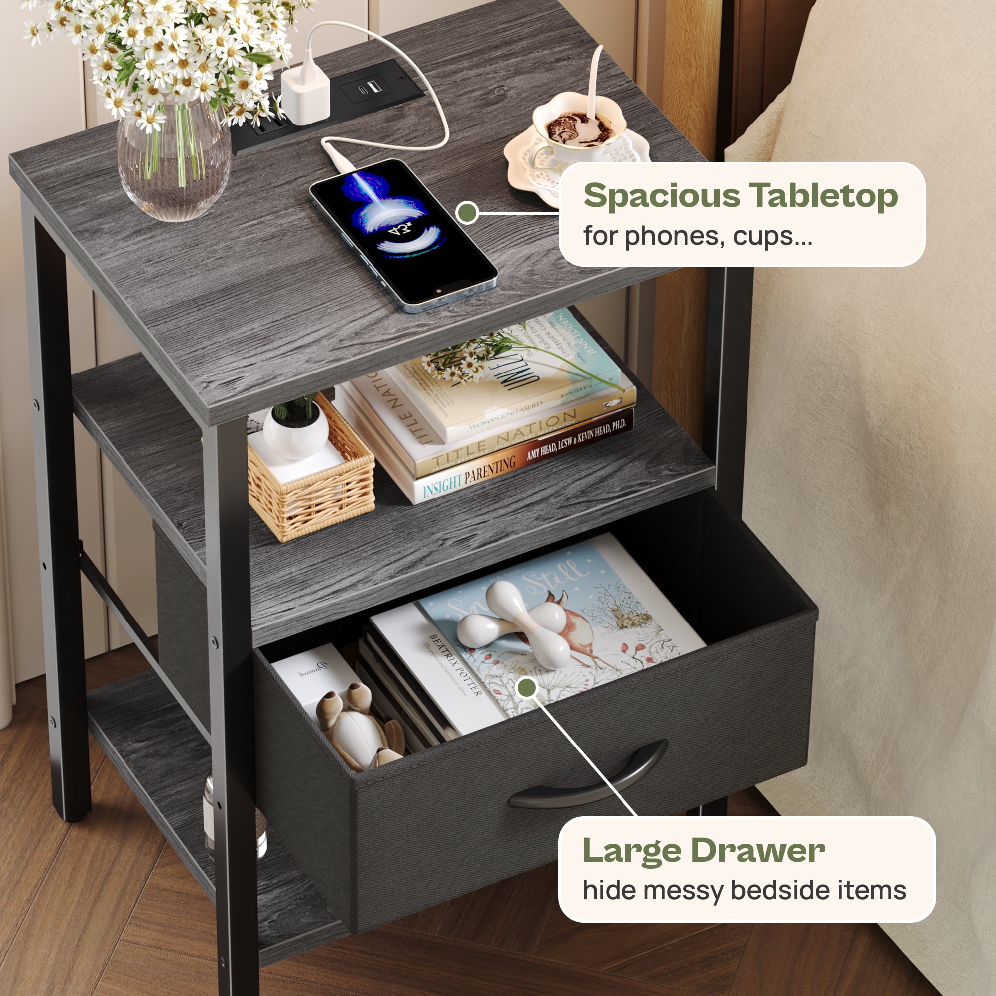Nightstand with Charging Station, Adjustable Fabric Drawer, 3-Tier Bed Side Table, Night Stand for Bedroom, Storage End Table,Charcoal Gray