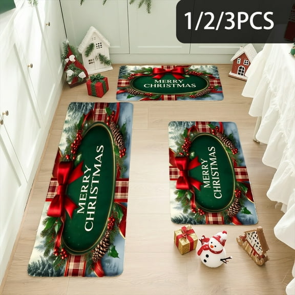 3PCS Kitchen Mat set, Welcome Door Flannel Rug,Home Decor for Front Door,Kitchen, Bathroom, Christmas Pattern With Red Green ,Great Christmas Housewarming gift for Family and Friends.