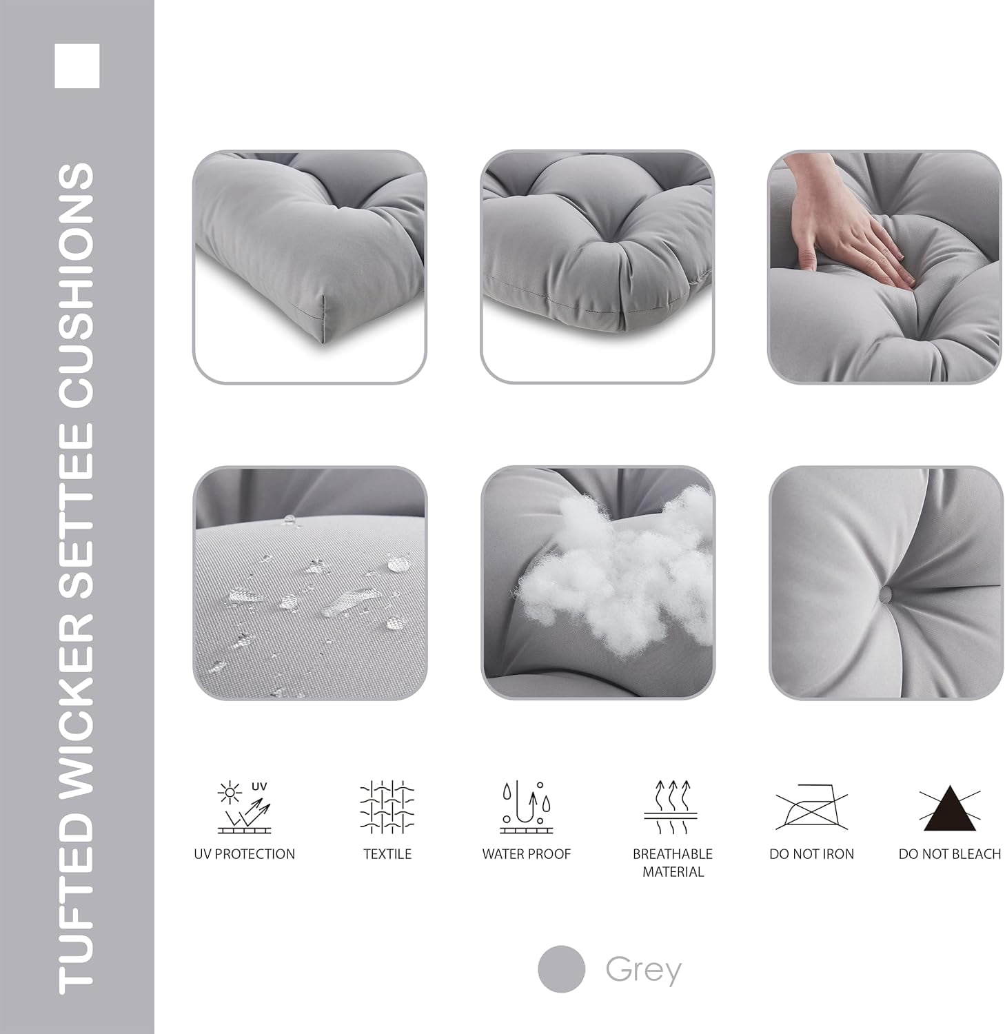 Outdoor/Indoor All Weather Tufted Wicker Chair Cushions of 3 Pieces（2-19*19*4in+1-44*19*4in）, 1 Loveseat and 2 U-Shape Waterproof Cushions for Patio Furniture,Wicker Loveseat,Bench-Grey