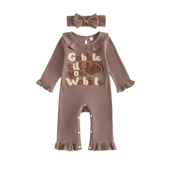 RUINIXCW Baby Girl Thanksgiving Outfit Turkey Letter Embroidered Ruffled Trim Long Sleeve Romper and Bow Headband 2 Pcs Set for Fall