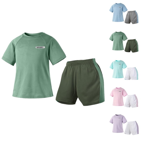 Babcutegg Kids Short Sleeve Round Neck Breathable Top & Elastic Waist Shorts Set – Lightweight Sporty Matching Outfit for Boys and Girls Blue Size 10-11