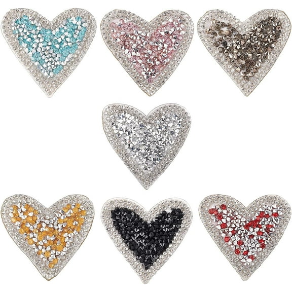 7 Pcs Heart Rhinestone Patches 7 Mixed Colors Iron/Sew on Patches Hot Melt Adhesive on The Back Appliques Decoration Patches for Clothing Repair Hat DIY Accessories diy