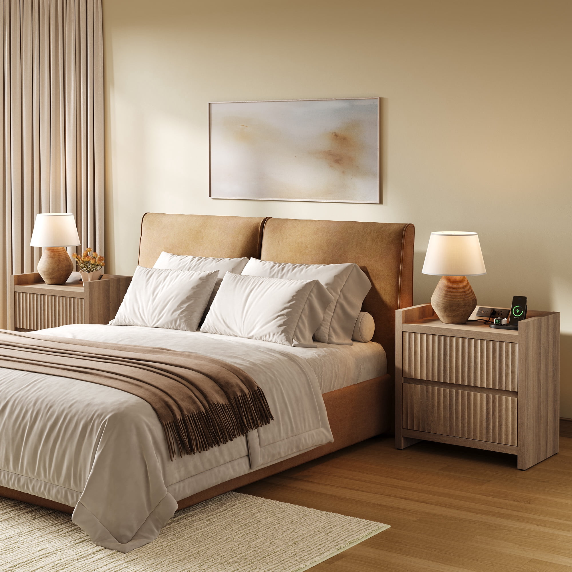 SICOTAS 25.4" Wide Nightstand Set of 2 with Charging Station, Modern Night Stand  with  2 Fluted Drawer & Handle-Less Storage Farmhouse Bed Side Table  for Bedroom, Natural Oak