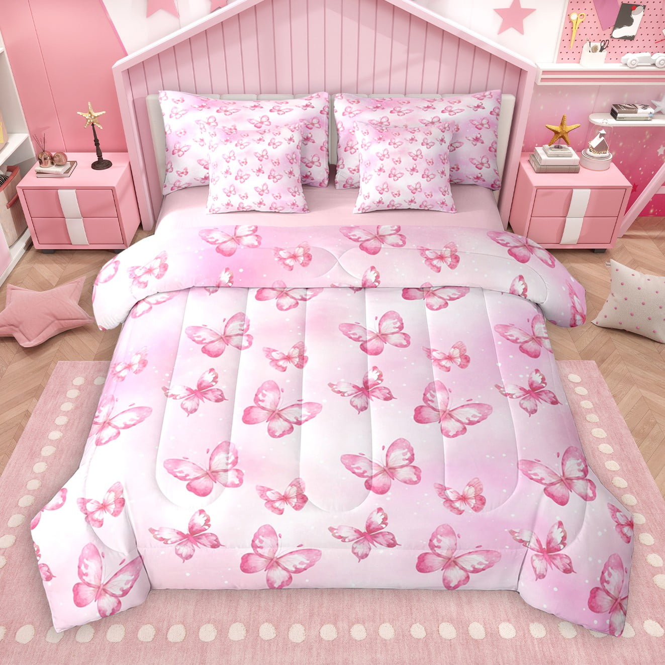 Castle Fairy Girly Pink Butterflies 7 Pieces Bedding Comforter Set for Teens Watercolor Gradient Full Bedding Set Lightweight Dreamy Princess Fitted Sheet Flat Sheet Microfiber Bedroom Decor