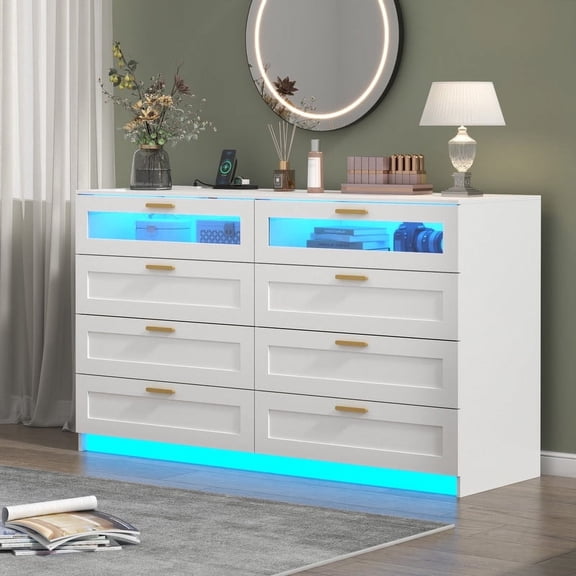 White 8-Drawer Dresser with Charging Station and LED Lights, Modern Chest of Drawers for Closet, Double Wide Organizer for Bedroom, Living Room, Entryway – STIKELY