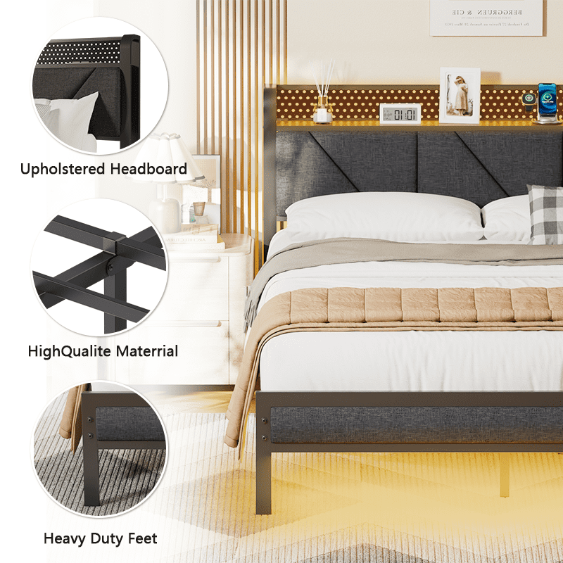 Tydimor Queen Size Metal Smart Bed Frames with Upholstered Headboard, LED Lights, USB Ports and Outlets & Underbed, Rustic Brown