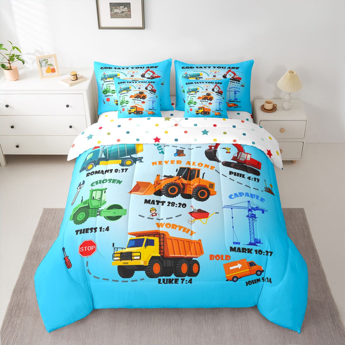 Manfei Construction Truck 7-Piece Twin Bedding Sets,Excavator Bedding Comforter Set,Equipment Vehicles Bulldozer Sheet Sets For Boys Teens,Microfiber Bedroom Decor Reversible