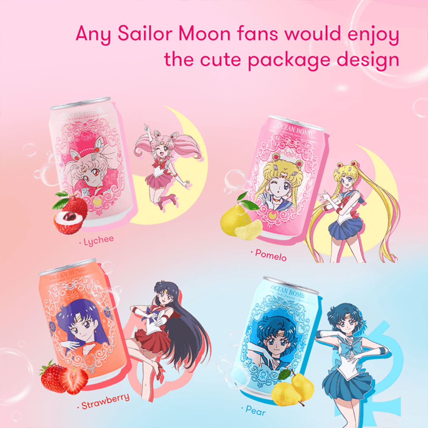 Ocean Bomb Sailor Moon Sparkling Water, Strawberry Flavor