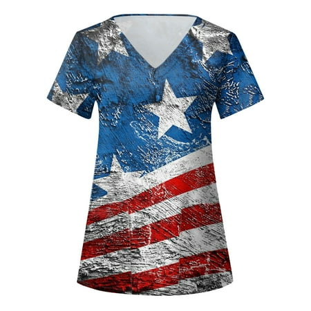 

Independence Day Printed Summer Scrubs Top Uniform Nurses Clothing Workwear Daily Women O-Neck USA Flag American 4th Of July Blouse Short Sleeve Pocket Loose Caring Workwear Blouse Leisure Clothes