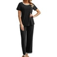 thumbnail image 2 of ZAXARRA Femmes 2 Pièces Pyjama Ensemble Manches Courtes Col Rond Tops Élastiques Pantalons Longs Ensembles de Vêtements de Nuit, 2 of 5
