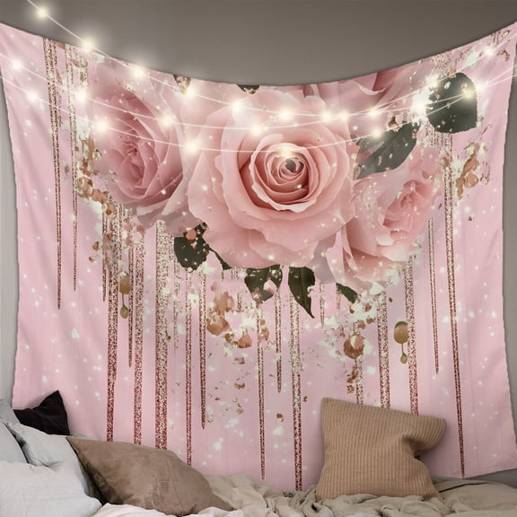 Pink Roses Romantic Large Tapestry for Bedroom Wall Hanging Tapestry, Watercolor Botanical Floral Ceiling Backdrop Tapestries Poster Blanket Wall Decor for Teens Room Living Room Dorm 86" x 104"