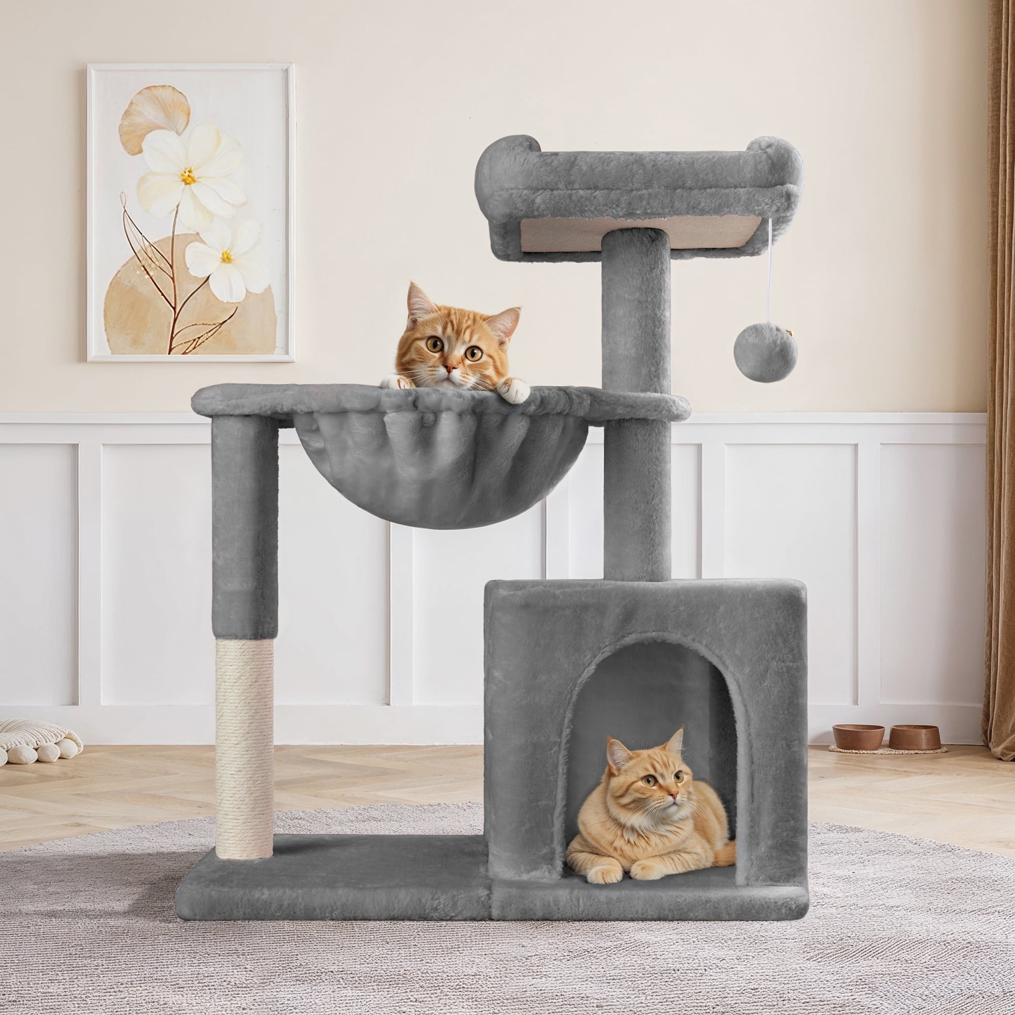 Einfach Small Cat Tree 29.5" Tower Condo with Sisal Scratcing Post Hammock Top Perch for Indoor Cats, Grey