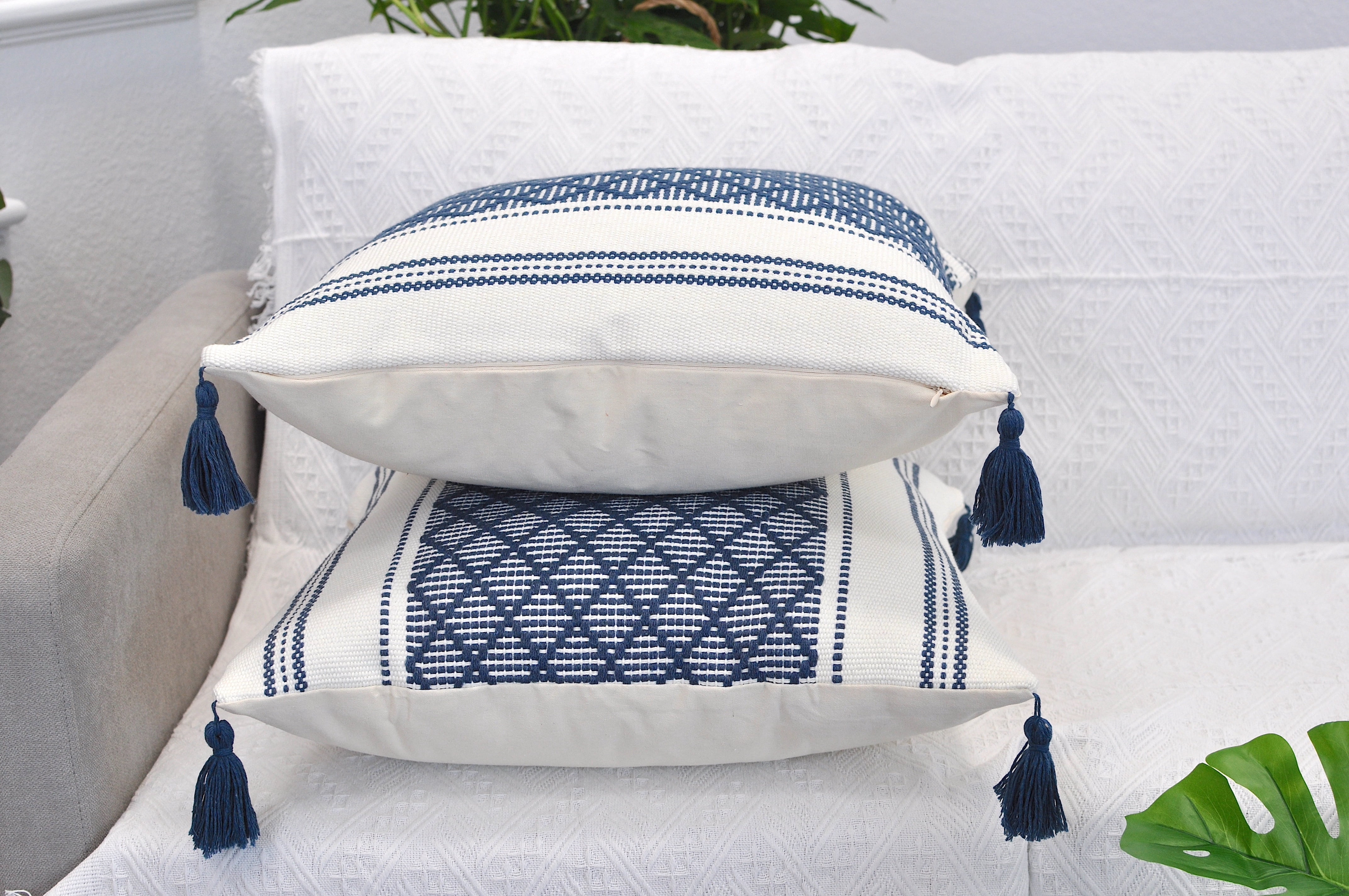 Blue And White Hand Woven 18 X 18 Inch Decorative Cotton Throw Pillow Cover  With Insert And Hand Tied Braiding And Pom-poms - Foreside Home & Garden :  Target