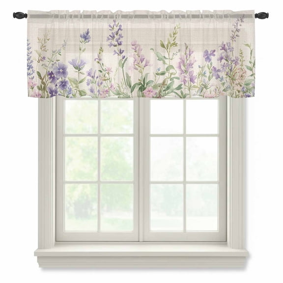 Flowers Lavender Valance Curtains for Kitchen/Living Room/Bathroom/Bedroom Window, Rod Pocket Small Topper Half Short Window Curtains Voile Sheer Scarf, Retro Cottagecore Blooms Green Leaf 60"x18"