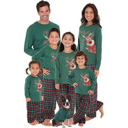 

BrilliantMe Family Christmas Pajamas Set Pyjamas Deer Pjs Tops Plaid Pants Sleepwear Nightwear Green Dad XL