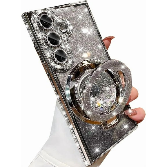 for Samsung Galaxy S24 Plus Glitter Kickstand Case,Luxury Bling Sparkly Diamond Rhinestone with Camera Protector Liquid Ring Stand Clear Phone Case for Women Girl for Galaxy S24 Plus (Silver)