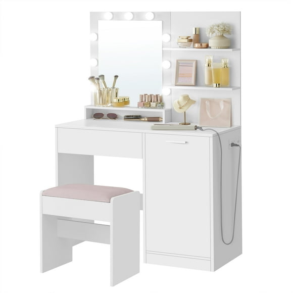 VASAGLE Vanity Desk with Mirror and Lights, 35.4'' Wide Makeup Vanity with Upholstered Vanity Stool, Power Outlets, Dimmable LED Lights, Storage Drawer,