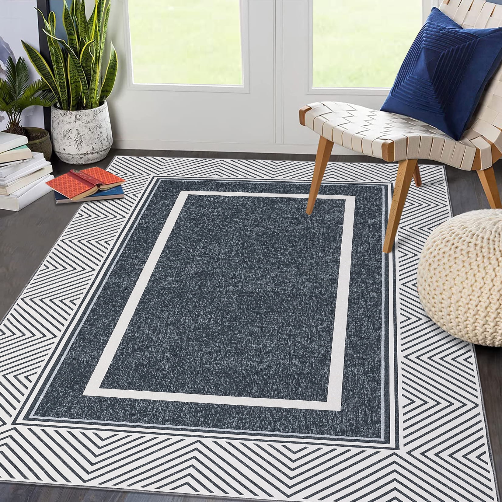 Hasoo 5' x 7' Area Rug Modern Geometric Bordered Carpet for Living Room Bedroom, Dark Gray